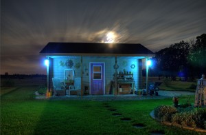 Garden shed at night