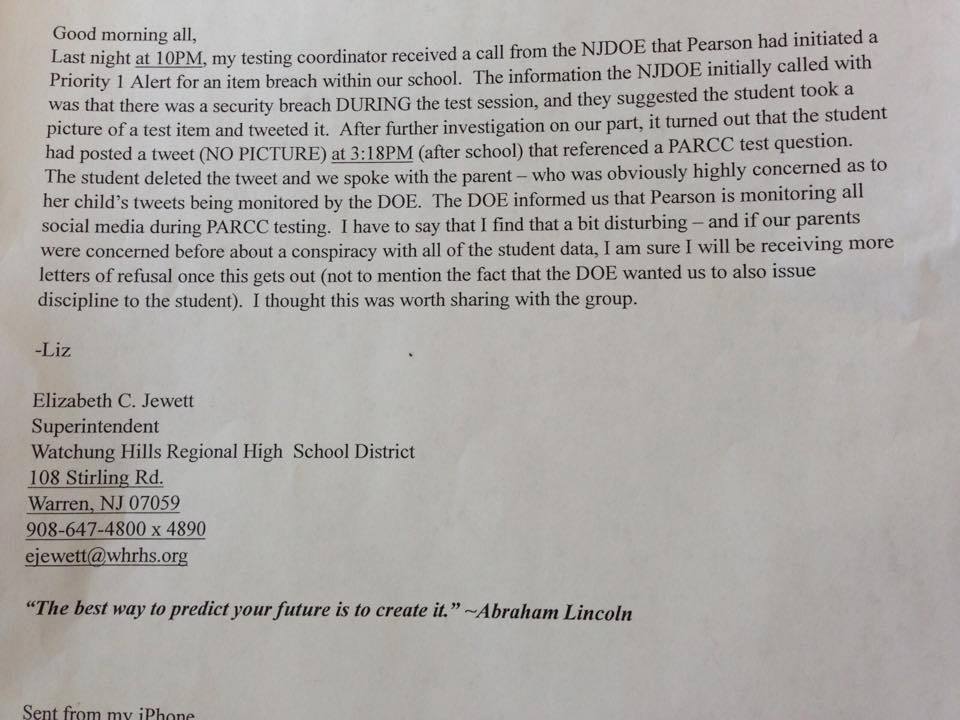 Superintendent Jewett's letter about Pearson