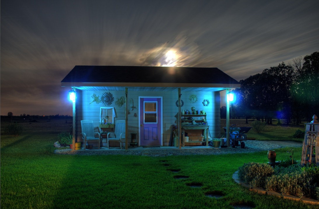Garden shed at night